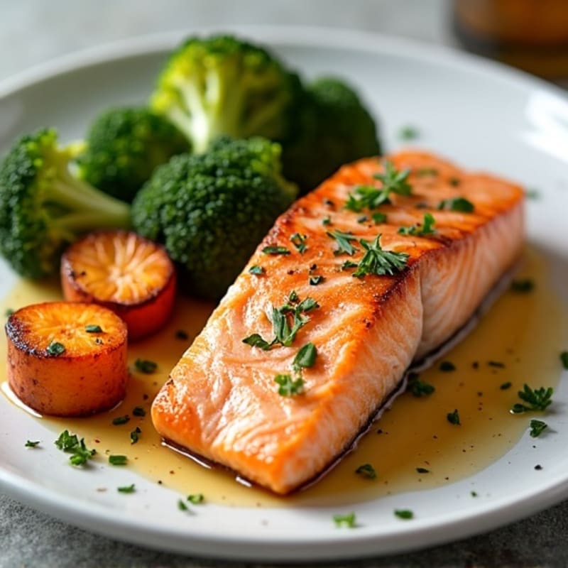 Seared Salmon with Roasted Broccoli and Sweet Potato