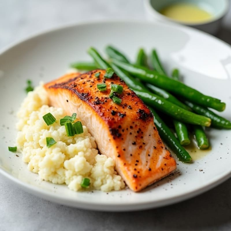 Seared Salmon with Steamed Green Beans and Garlic Mashed Cauliflower