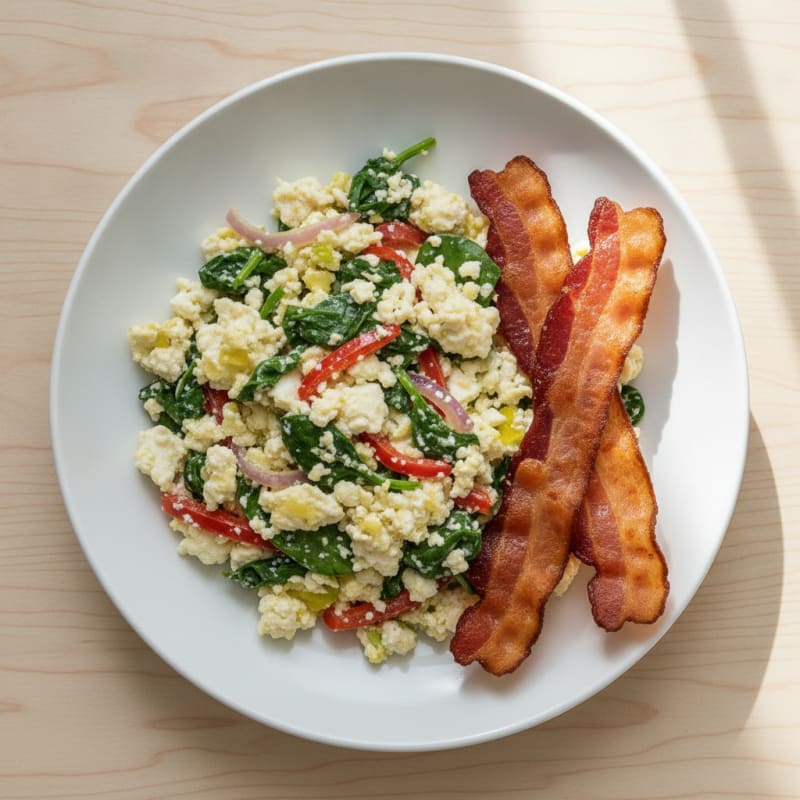 Egg White Veggie Scramble with Cottage Cheese and Turkey Bacon