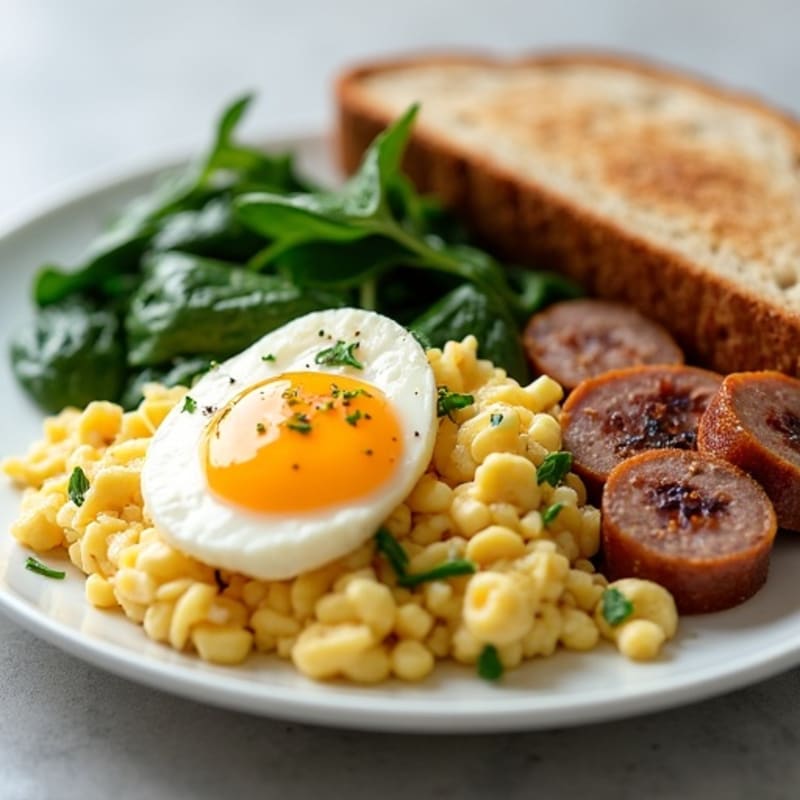 Egg White Scramble with Turkey Sausage and Sautéed Spinach