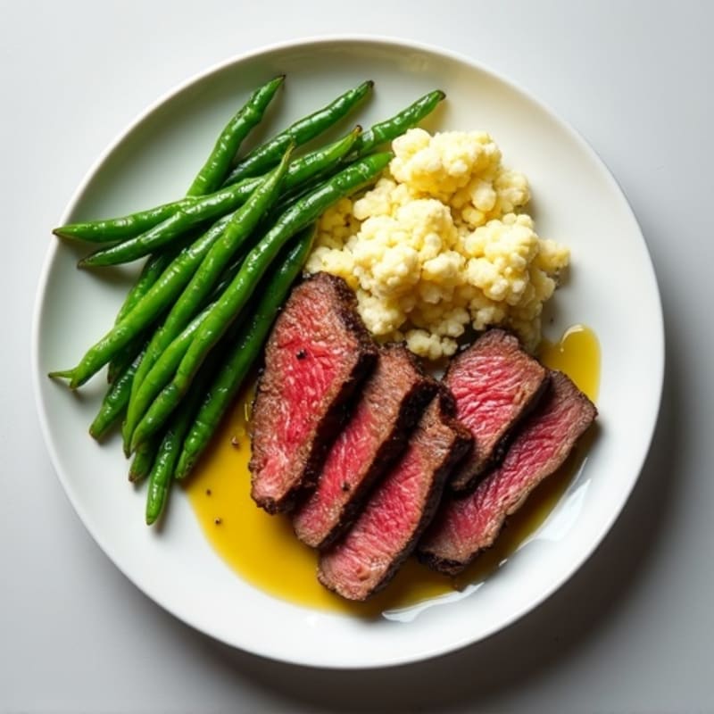 Seared Lean Beef Strips with Garlic Green Beans and Cauliflower Mash