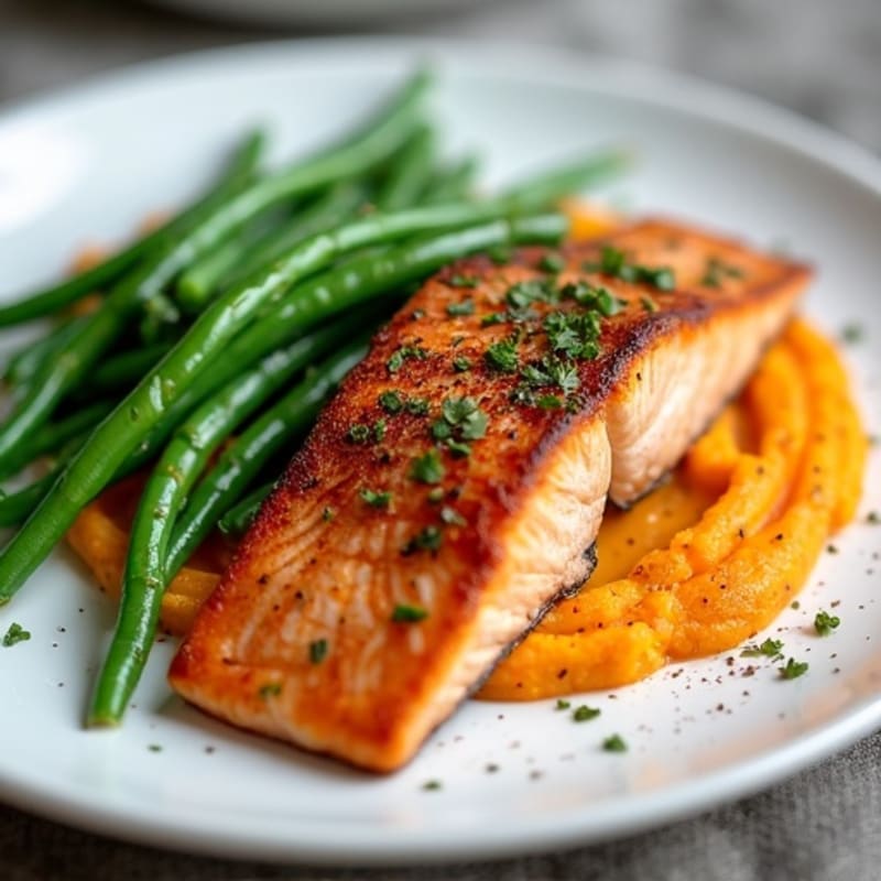Seared Salmon Fillet with Steamed Green Beans and Sweet Potato Mash