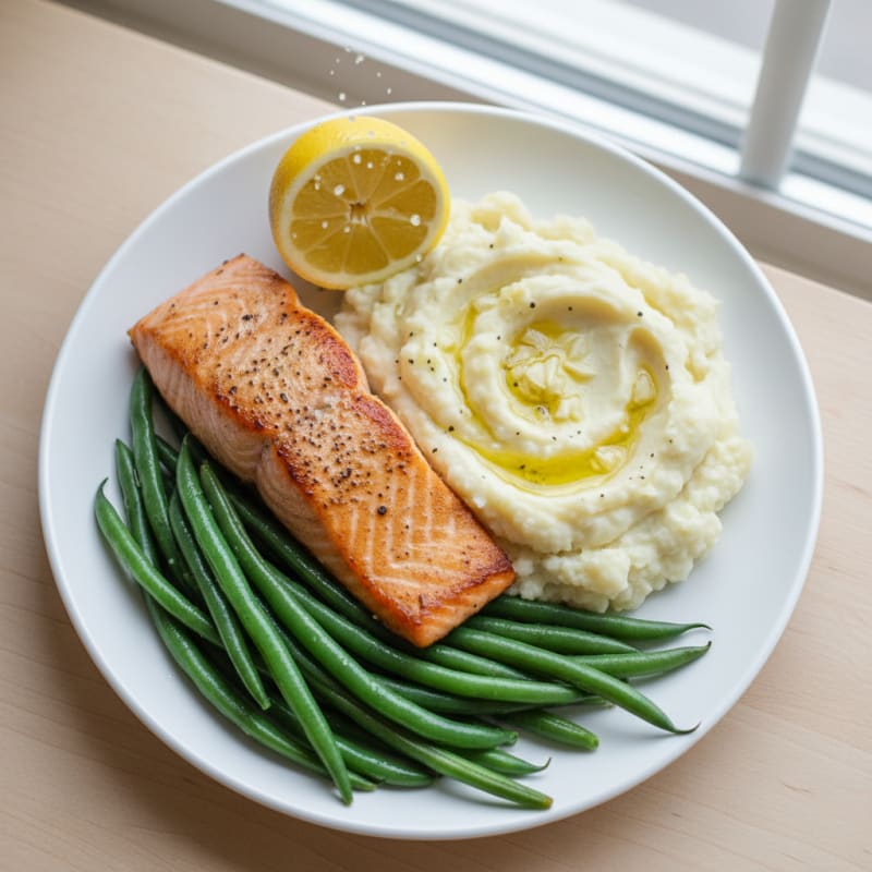 Seared Salmon with Steamed Green Beans and Garlic Mashed Cauliflower