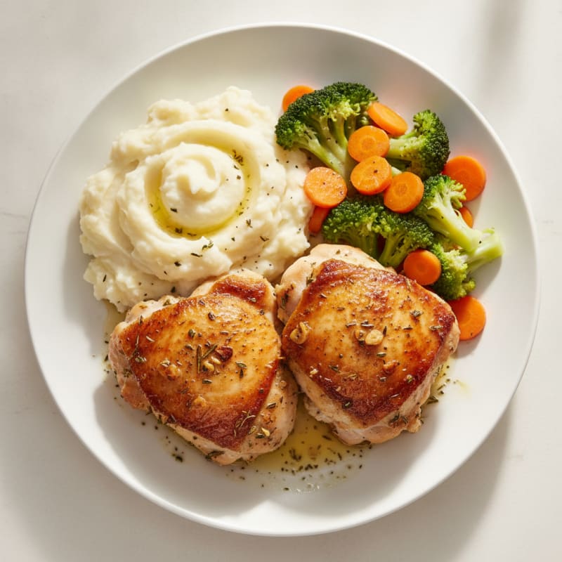 Herb-Baked Chicken Thighs with Steamed Vegetables and Creamy Mashed Potatoes