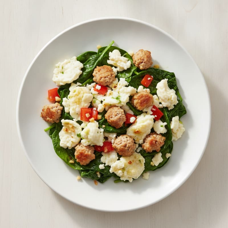 Egg White and Turkey Sausage Scramble with Sautéed Spinach