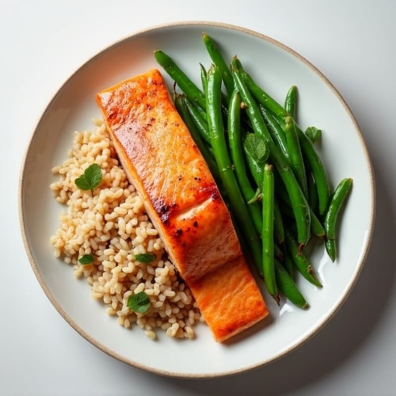Seared Salmon with Steamed Green Beans and Brown Rice