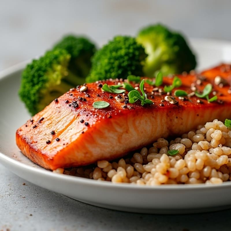 Crispy Teriyaki Salmon with Brown Rice and Roasted Broccoli