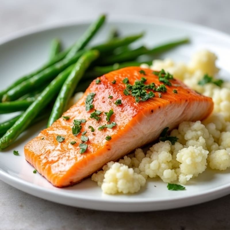 Seared Salmon with Steamed Green Beans and Garlic Mashed Cauliflower