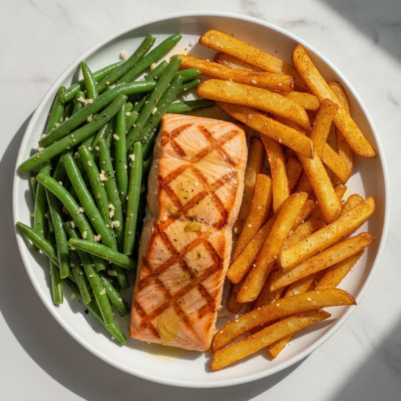 Grilled Salmon with Garlic Green Beans and Fries
