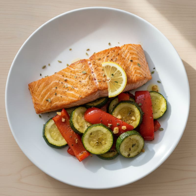 Seared Salmon with Roasted Zucchini and Red Peppers