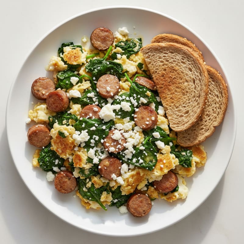 Egg White and Turkey Sausage Scramble with Spinach and Feta