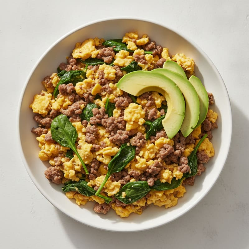 Scrambled Eggs with Ground Beef and Spinach