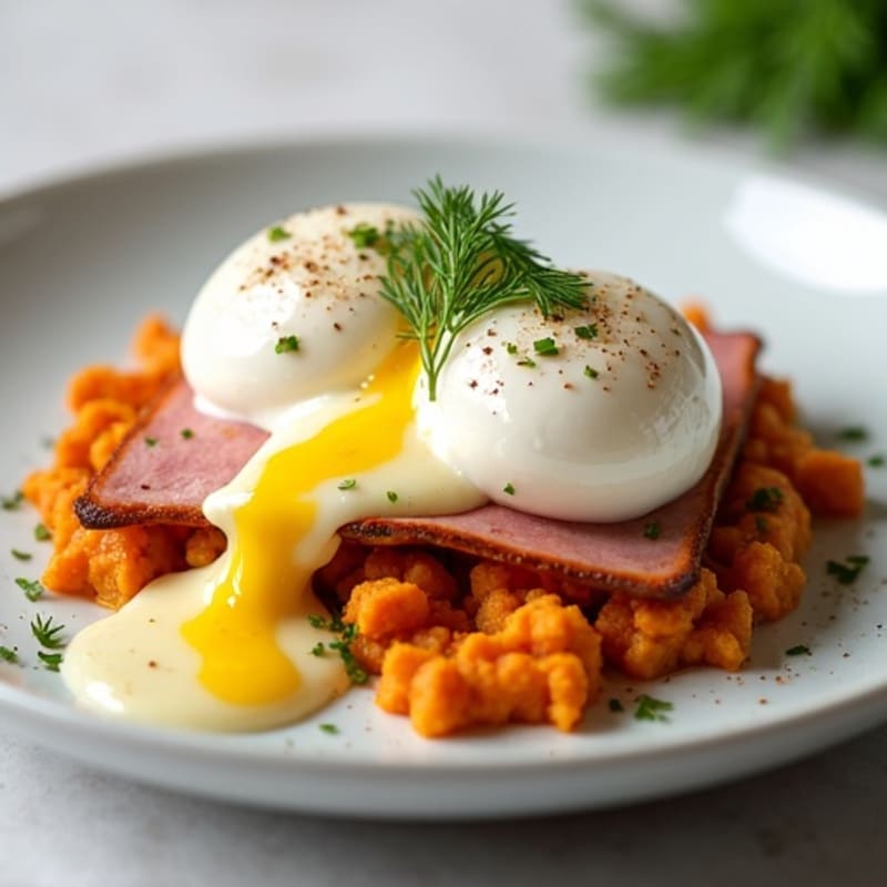 Poached Eggs with Crispy Lean Ham and Creamy Lemon-Dill Sauce on Sweet Potato Hash
