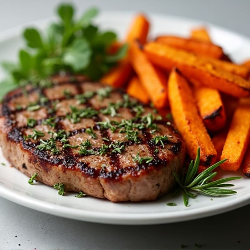 Herb-Crusted Steak with Crispy Baked Sweet Potato Fries