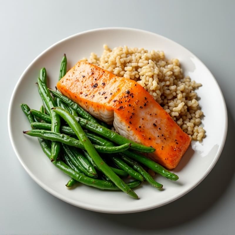 Seared Salmon with Garlic Green Beans and Steamed Brown Rice