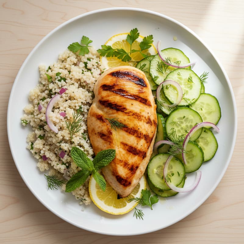 Grilled Chicken Breast with Quinoa and Crunchy Cucumber Salad