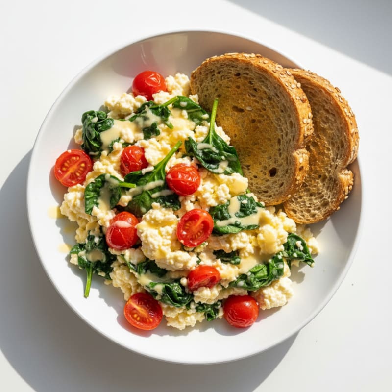 Cottage Cheese Scramble with Spinach and Cherry Tomatoes