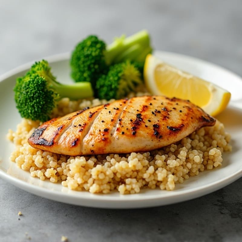 Grilled Lemon-Garlic Chicken Breast with Quinoa and Steamed Broccoli