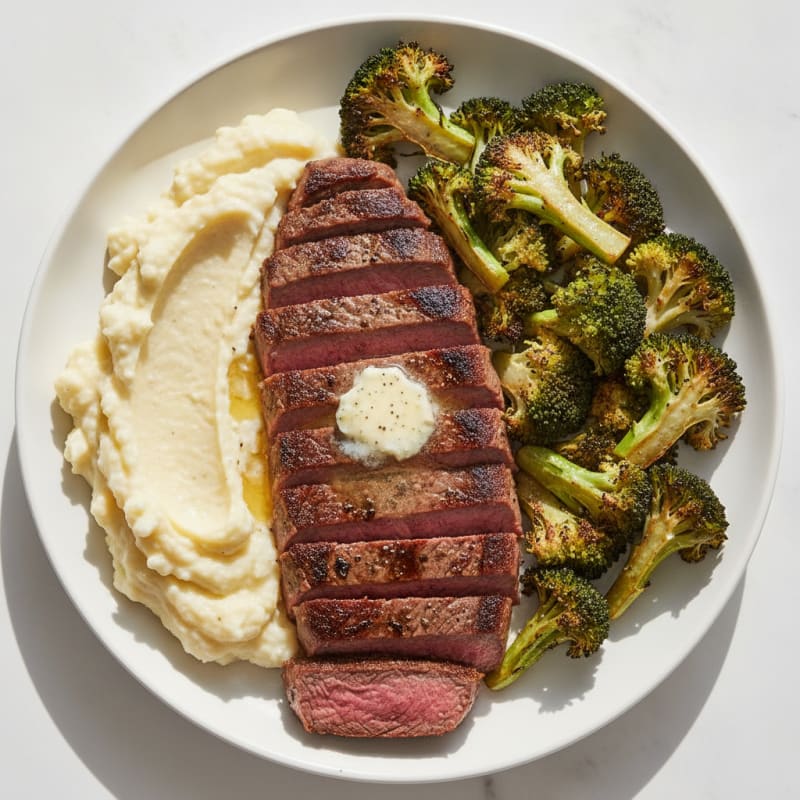 Seared Lean Steak with Roasted Broccoli and Garlic Cauliflower Mash