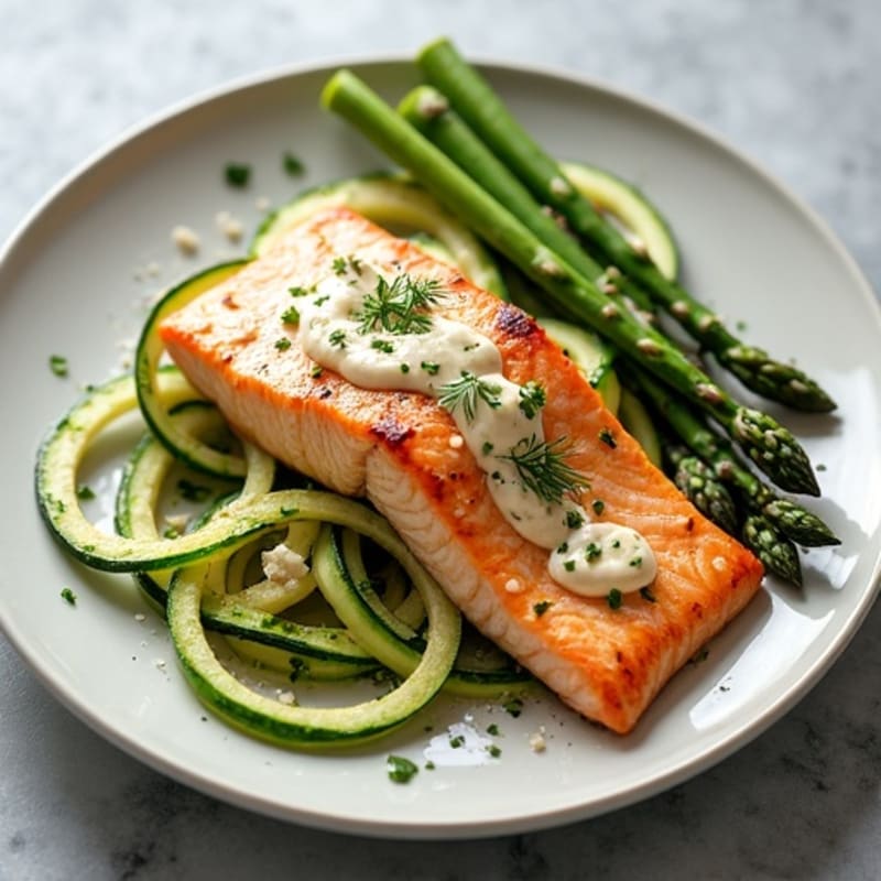 Seared Salmon with Roasted Asparagus and Zucchini Noodles