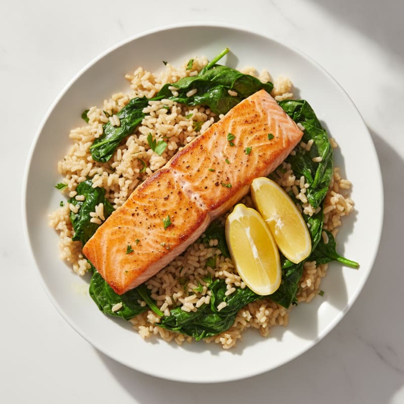 Seared Salmon with Garlic Spinach and Herb Brown Rice