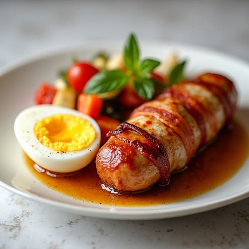 Crispy Turkey Bacon-Wrapped Chicken Sausage with Roasted Vegetables