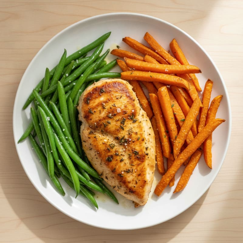 Pan-Seared Herb Chicken with Roasted Sweet Potato Fries and Green Beans