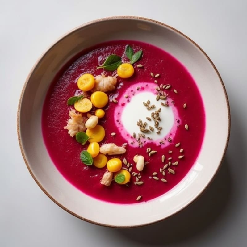 Creamy Beet Soup with Sweet Corn and Crispy Water Chestnuts