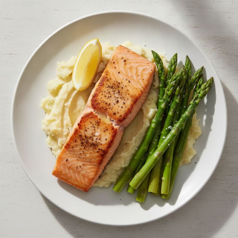 Seared Salmon Fillet with Steamed Asparagus and Garlic Mashed Potatoes