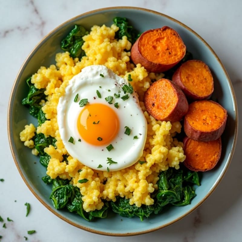 Fluffy Scrambled Eggs with Fresh Spinach and Roasted Sweet Potatoes
