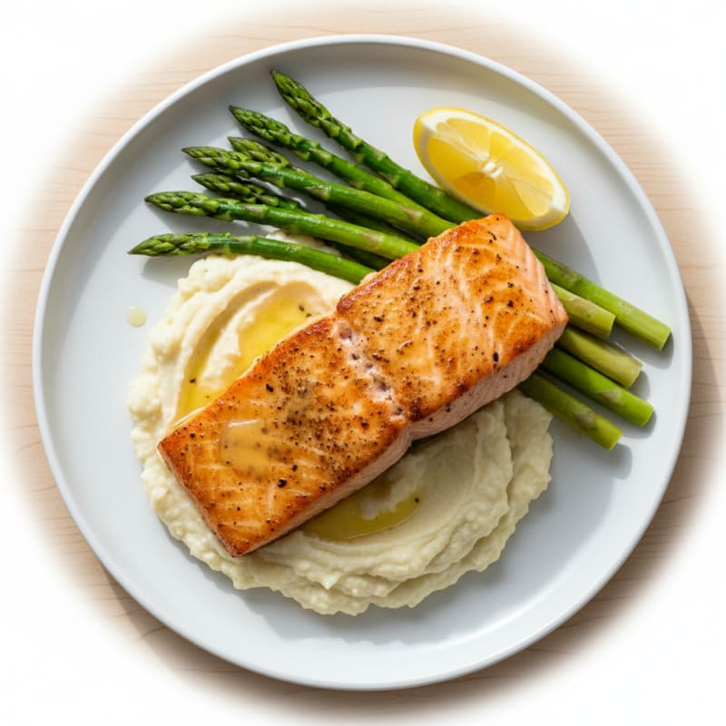 Seared Salmon with Steamed Asparagus and Garlic Cauliflower Mash
