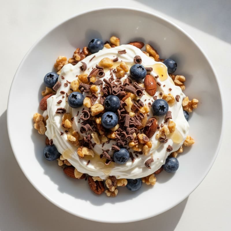 Greek Yogurt Protein Parfait with Mixed Nuts and Dark Chocolate Shavings