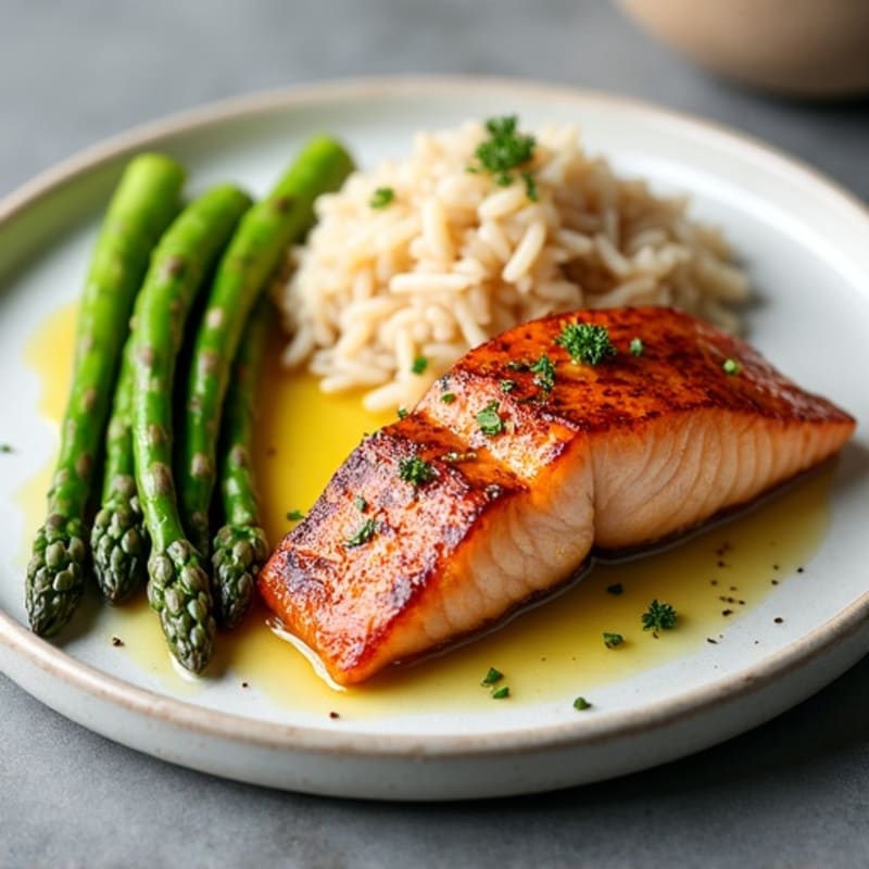 Seared Salmon with Steamed Asparagus and Brown Rice