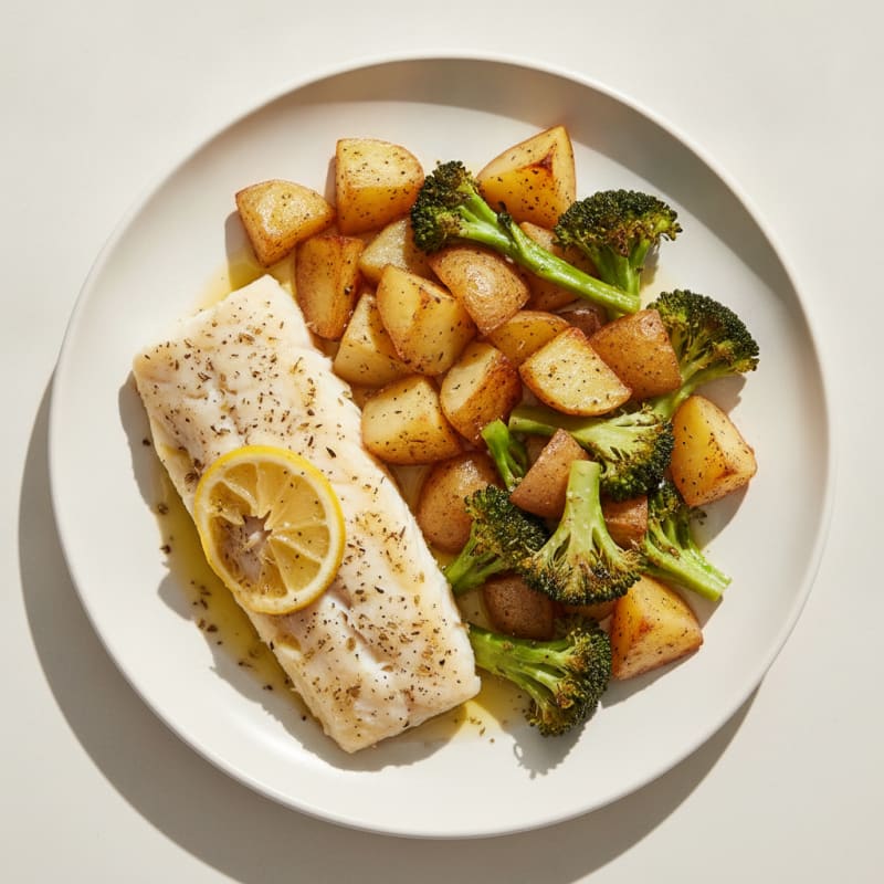 Herb-Baked Cod with Roasted Potatoes and Broccoli