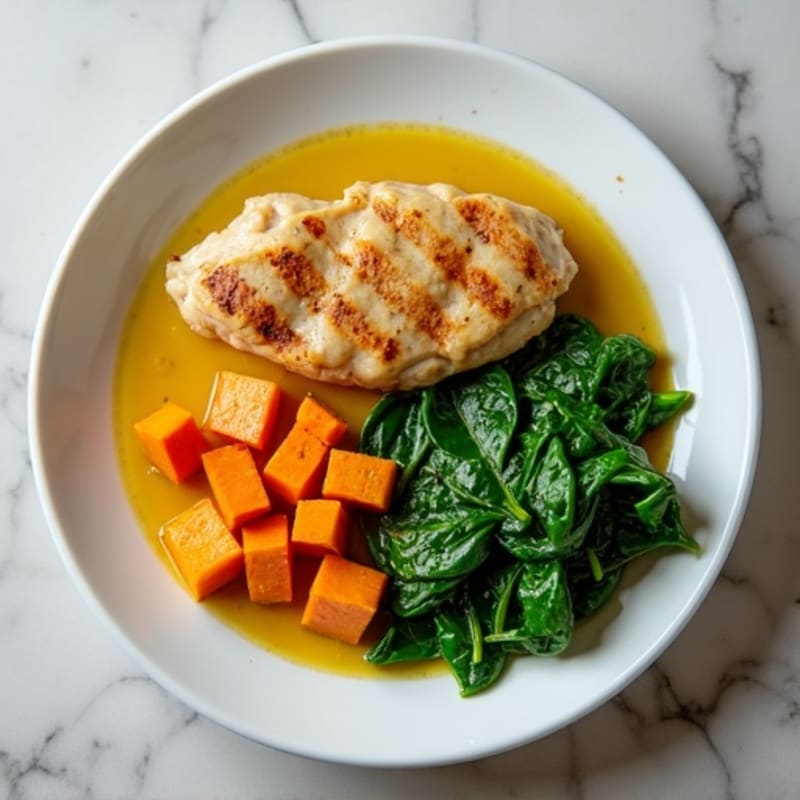 Creamy Boiled Sweet Potato with Pan-Seared Chicken and Steamed Greens