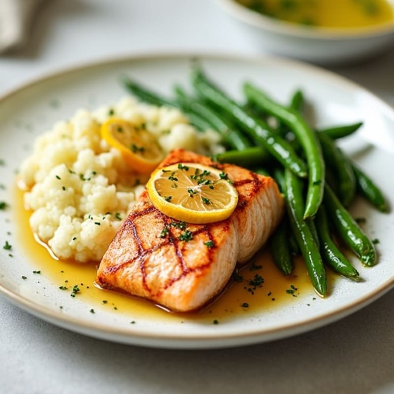 Seared Salmon with Garlic Green Beans and Cauliflower Mash