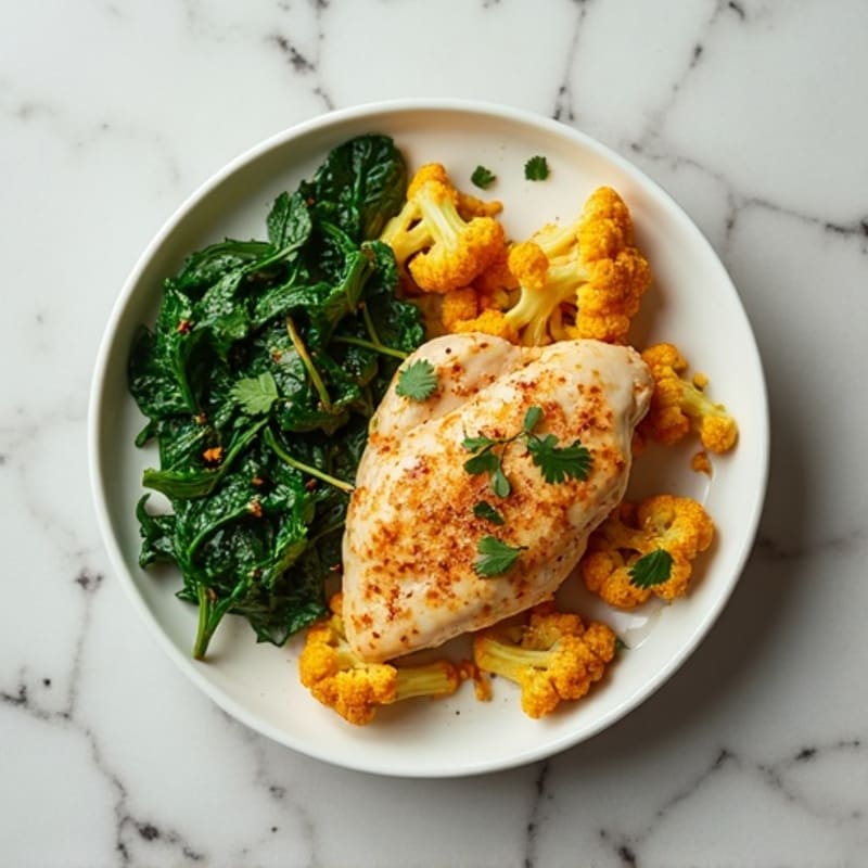 Creamy Spiced Coconut Chicken with Roasted Cauliflower and Wilted Spinach
