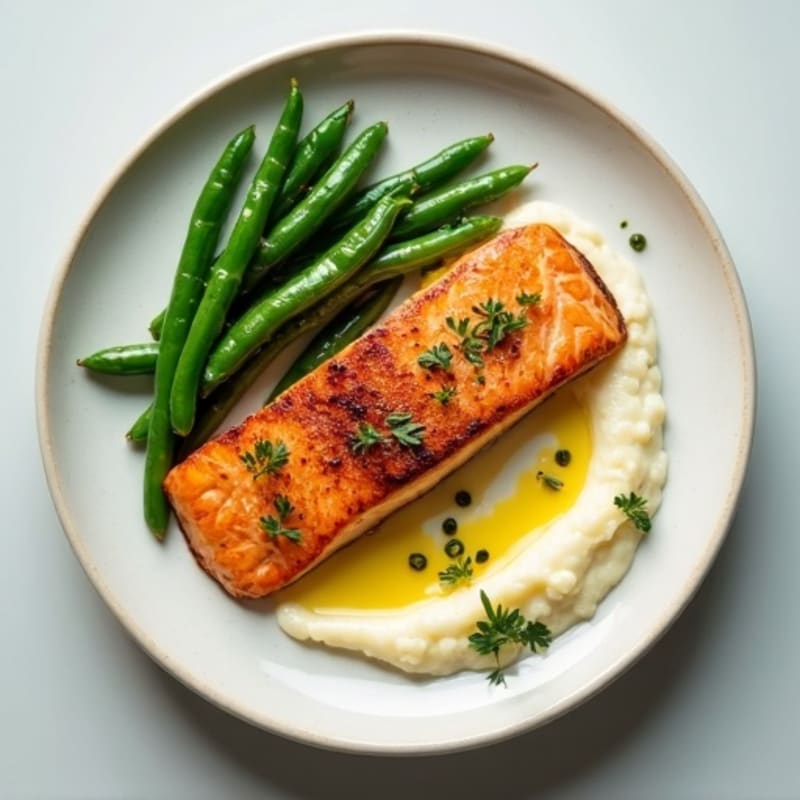 Seared Salmon with Garlic Green Beans and Cauliflower Mash