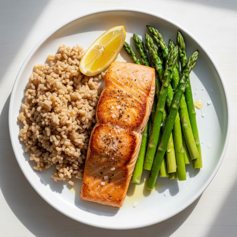 Seared Salmon Fillet with Steamed Asparagus and Brown Rice