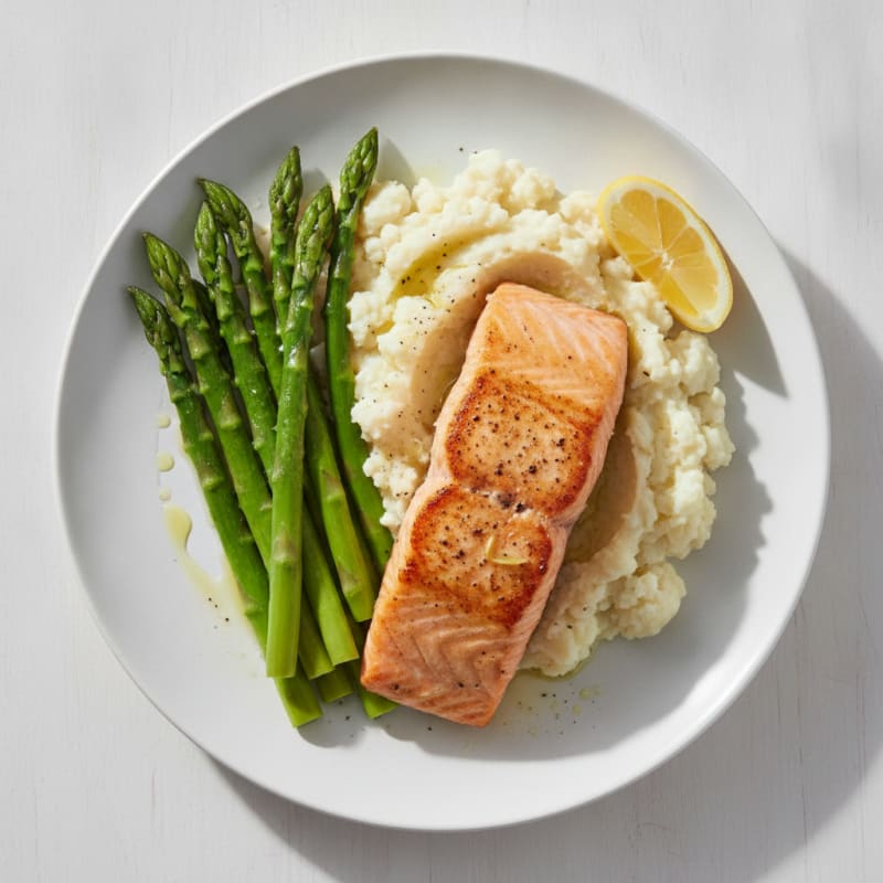 Seared Salmon with Steamed Asparagus and Garlic Cauliflower Mash