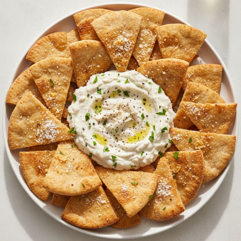 Garlic Parmesan Pita Chips with High-Protein Chicken Dip