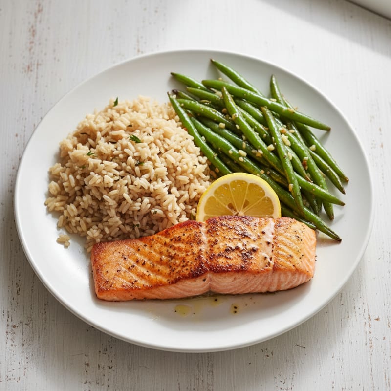 Grilled Salmon Fillet with Garlic Green Beans and Brown Rice