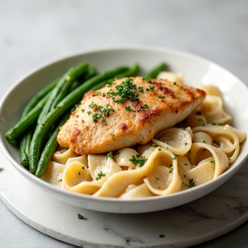 Creamy Cashew Alfredo Pasta with Roasted Chicken and Tender Green Beans