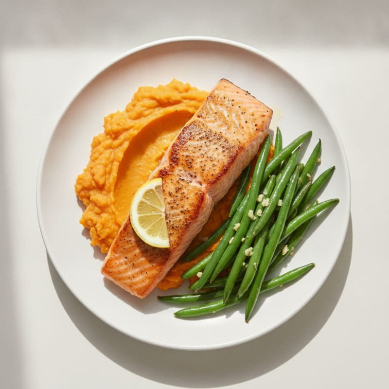 Seared Salmon with Garlic Green Beans and Sweet Potato Mash