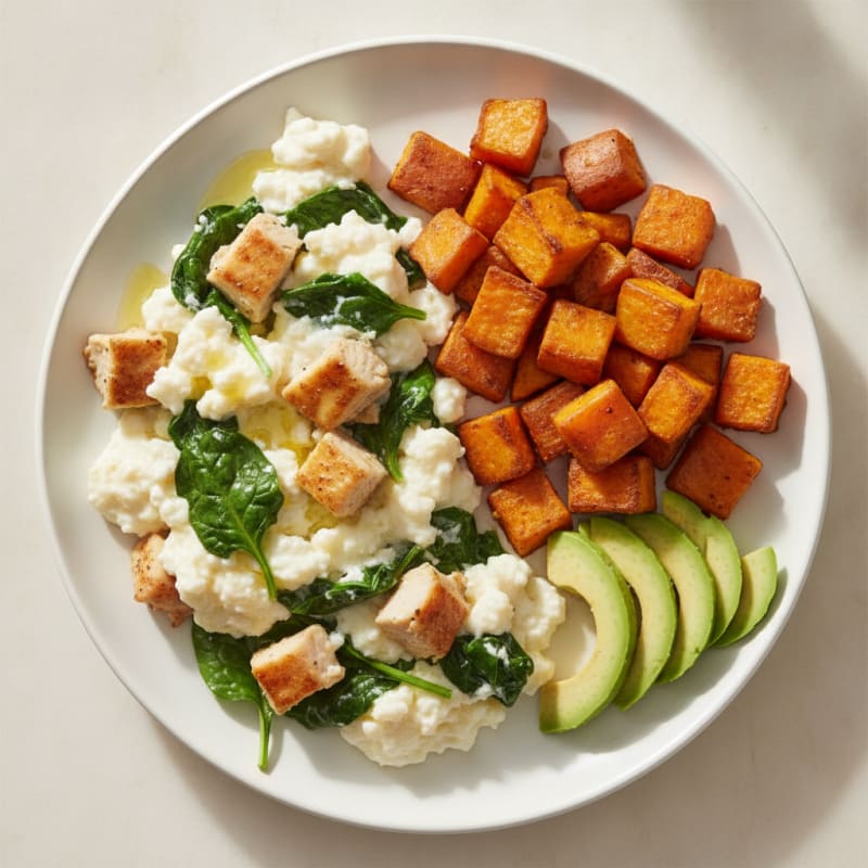 Chicken and Spinach Egg White Scramble with Roasted Sweet Potatoes