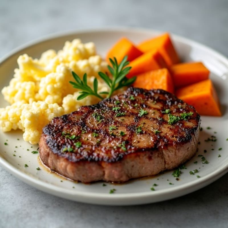 Herb-Crusted Steak with Cauliflower Mac and Roasted Sweet Potatoes