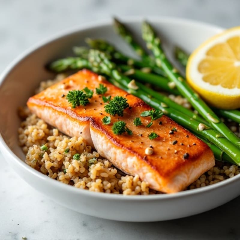 Seared Salmon with Steamed Asparagus and Lemon Herb Brown Rice