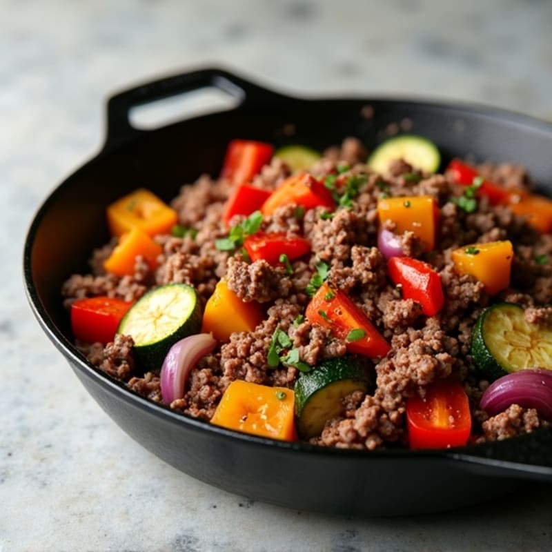 Hearty Ground Beef and Roasted Veggie Skillet