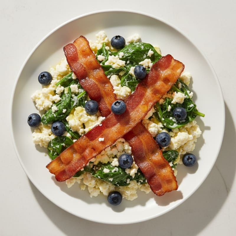 Cottage Cheese Egg Scramble with Spinach and Turkey Bacon