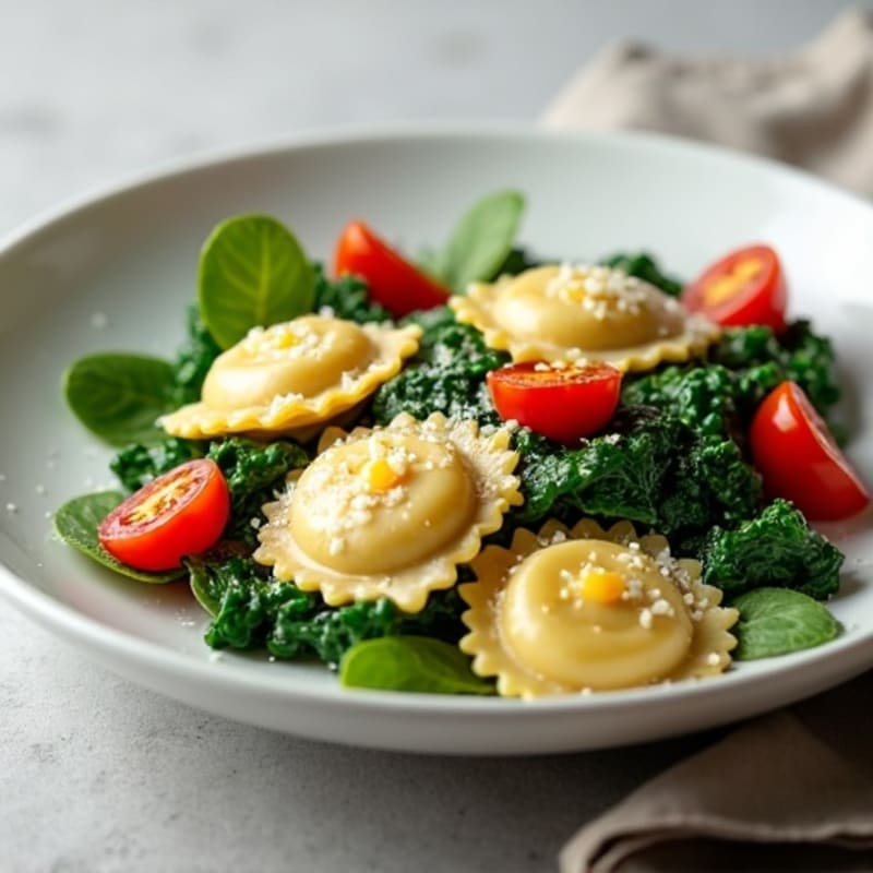 Spinach Ravioli with Sautéed Spinach and Cherry Tomatoes